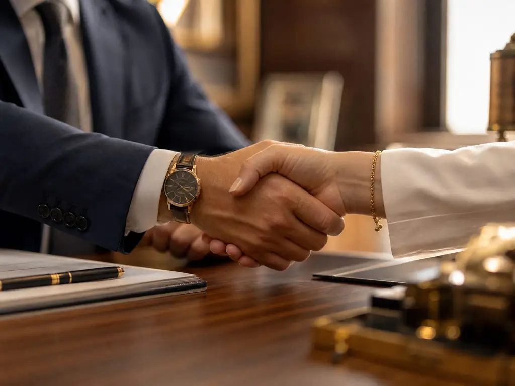 Aperto de mãos entre corretor e cliente sobre mesa de escritório